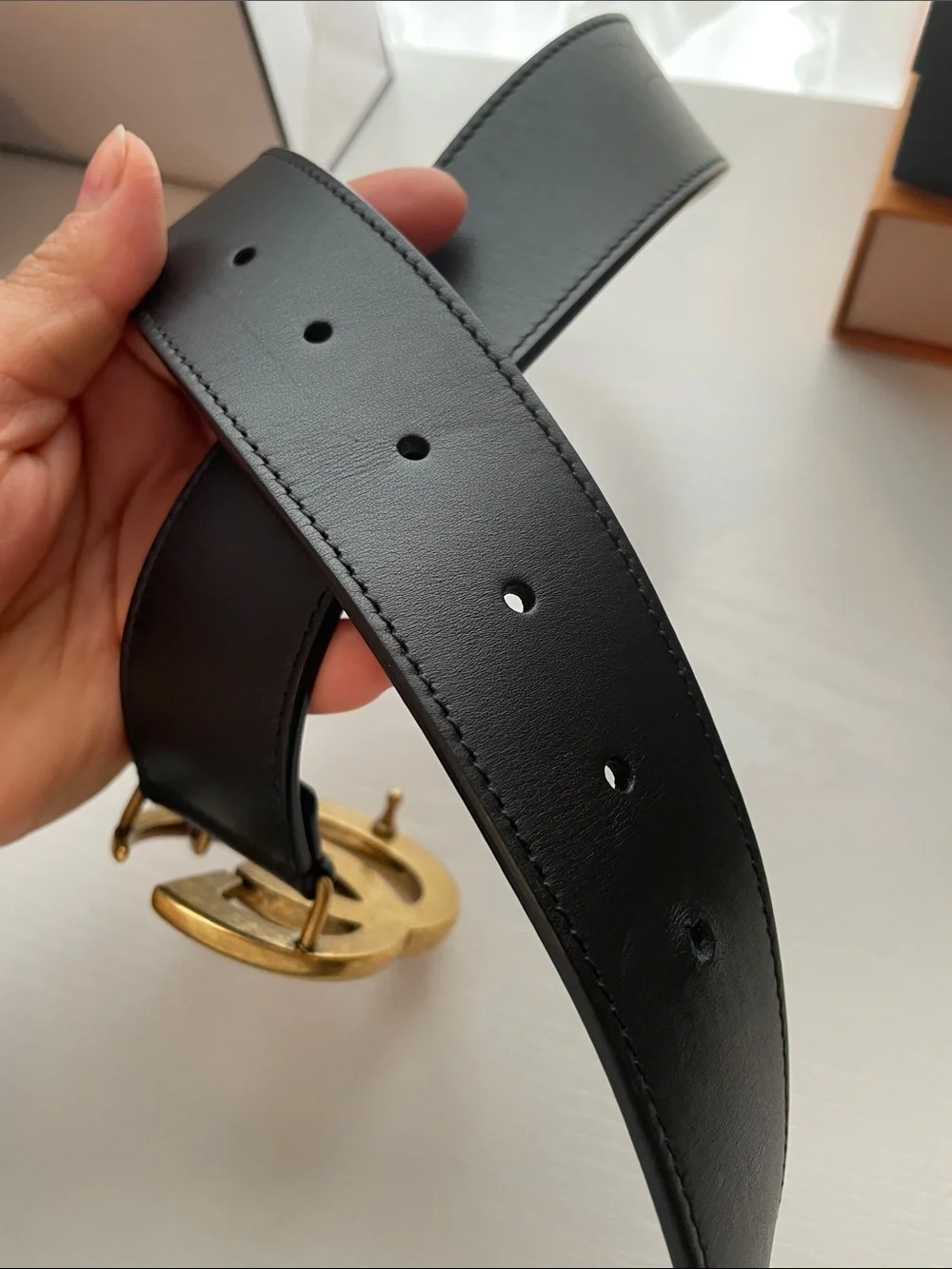 Authentic Gucci Marmont Black Leather Belt w Antique Gold Interlocking GG Buckle - Picture 5 of 9